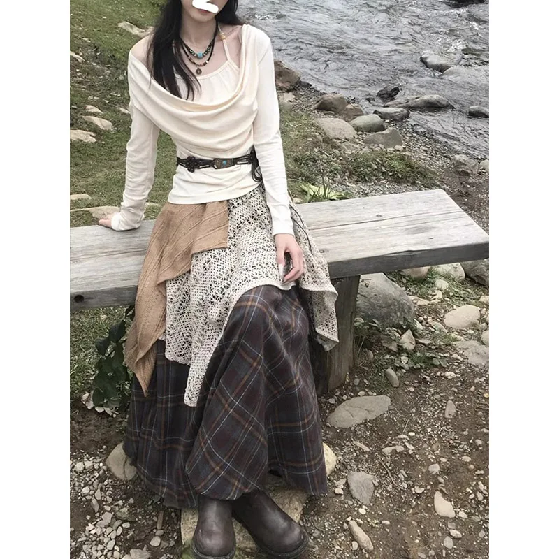 الخريف الشتاء خمر المرقعة منقوشة تنورة المرأة عالية الخصر ألف خط ماكسي تنورة غير النظامية بوهو الأدبية الدانتيل المشارب تنورة طويلة