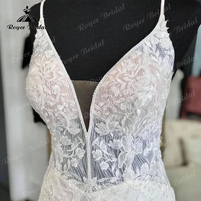 Sereia/trompete espaguete cintas vestido de casamento com decote em v rendas apliques sem costas vestidos de novia 2022 longo vestido de noiva sexy