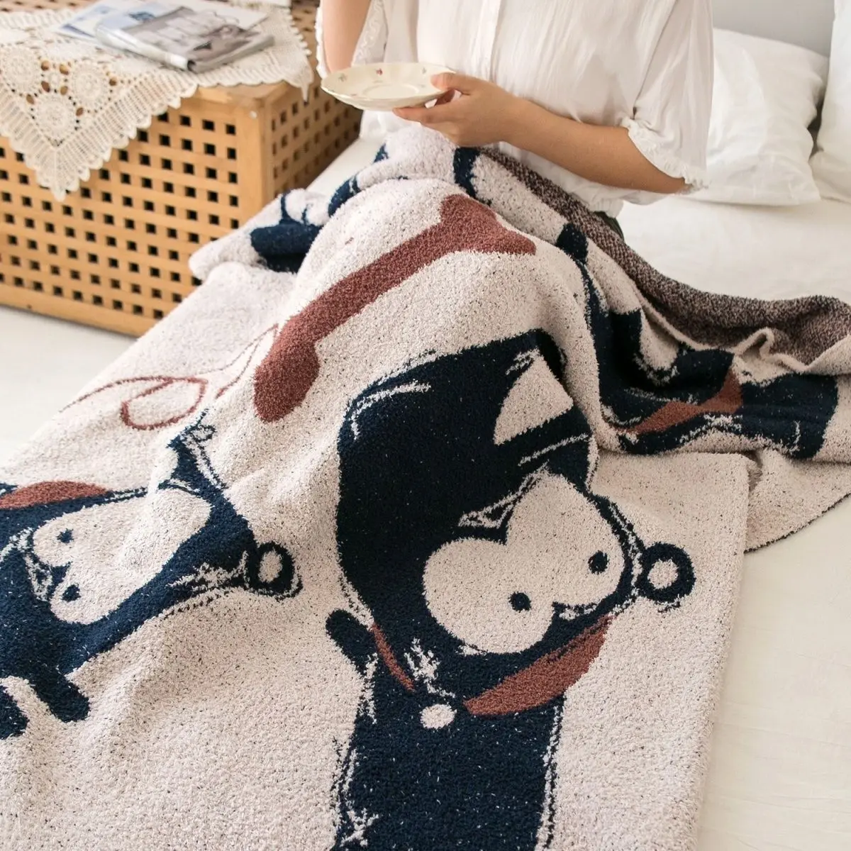 Half Flannel Knitted Blanket Nap Blanket Office Double-Sided Shawl Blanket Winter Picnic Camping Warm