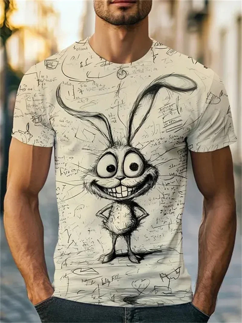 Herren T-Shirt mit Skizzen-Häschen-Print Cartoon-Kaninchen-Kunst Rundhals Kurzarm Lässige Streetwear Atmungsaktives Einzigartiges Tee