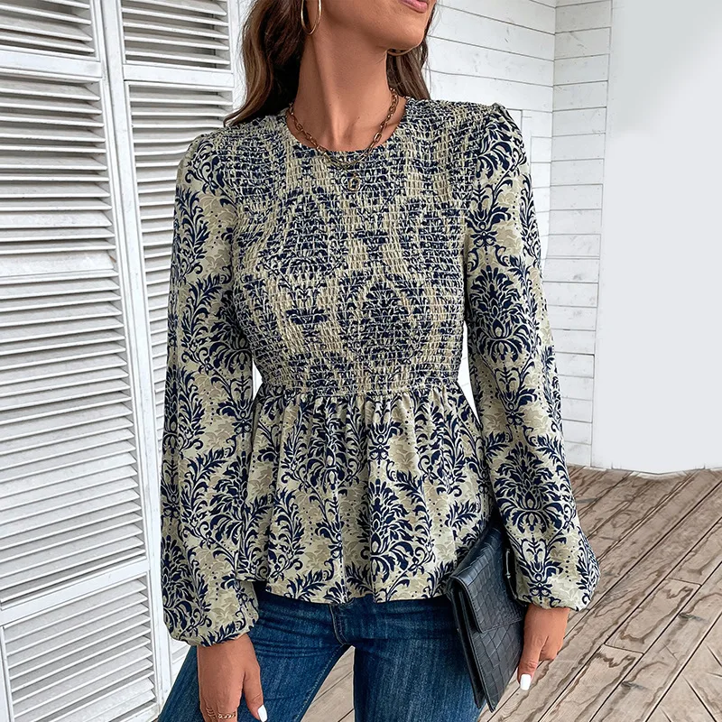 2024New autumn fashion women's wear smocking slim-fit long-sleeved printed shirt for women