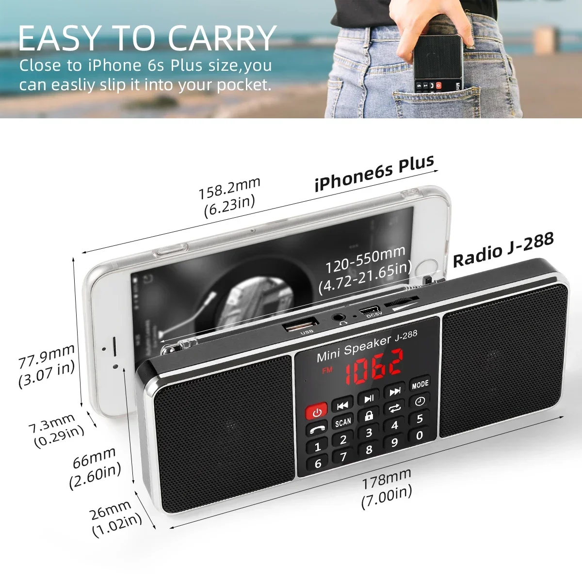 

Bluetooth Speaker HIFI Stereo MP3 Player J-288 Portable FM Radio TF Card USB LED Display Mini AM Radios for Gift Receiver