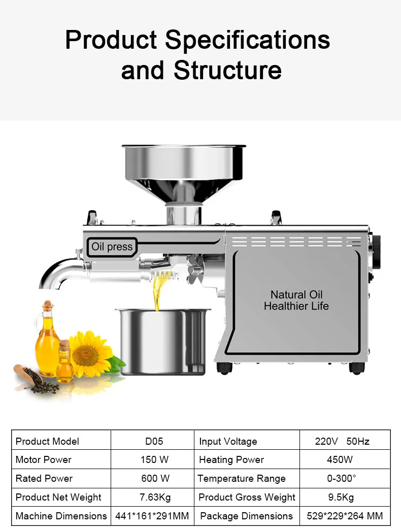 2025 Verbesserte Ölpressmaschine, 110 V/220 V, Doppelspannung, geräuscharm, leicht zu reinigen, für kleine Unternehmen/Haushalt, Edelstahl in Lebensmittelqualität – Detail 10