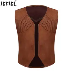 Kids Boys Western Cowboy Costume Vest Brown Suede Leather Fringed Open Front Waistcoat Halloween Purim Party Carnival Cosplay