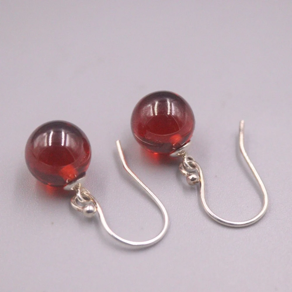 

Real Solid 925 Sterling Silver Dangle Red Garnet Bead Ball Women Lucky Earrings