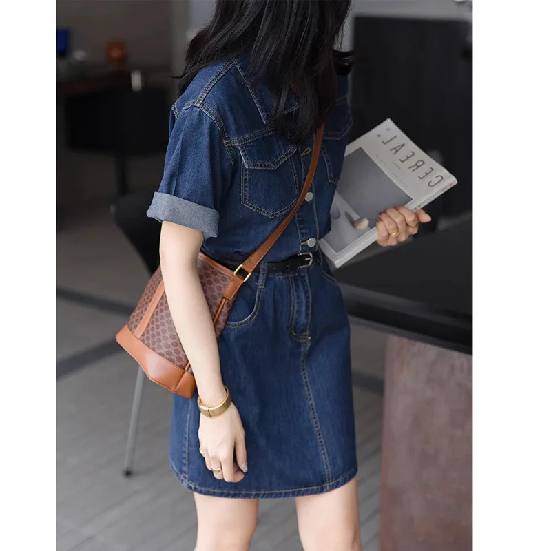 

Blue Petite Tall Dress Women Summer Retro Hong Style Waist-Cinching Slimming Short Shirt Dress