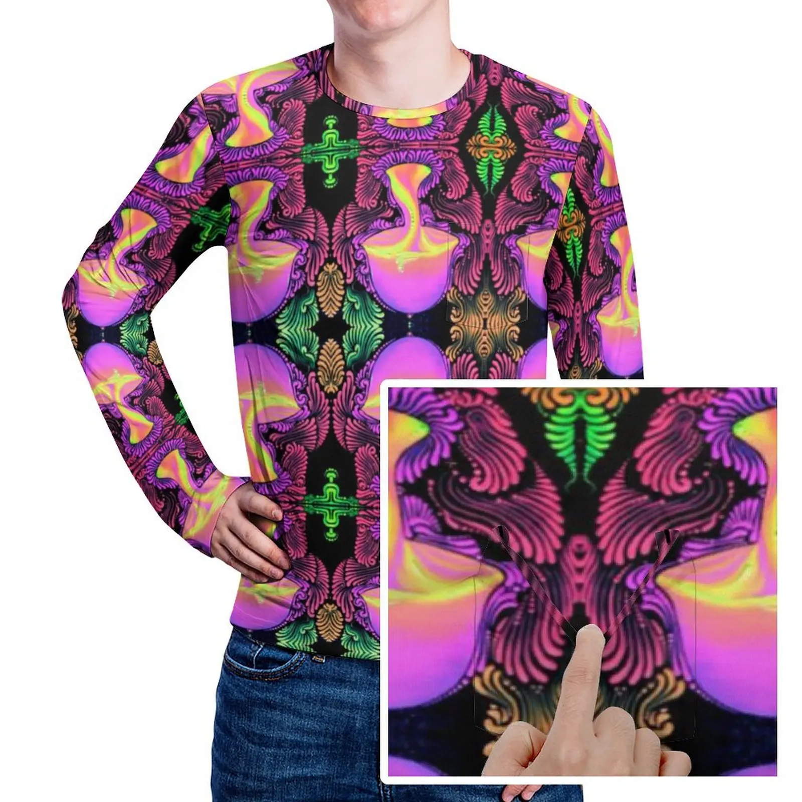 

Футболка с волшебным грибом, неоновая мужская футболка в стиле хиппи, осенняя дизайнерская футболка с длинным рукавом, эстетический большой подарок на день рождения