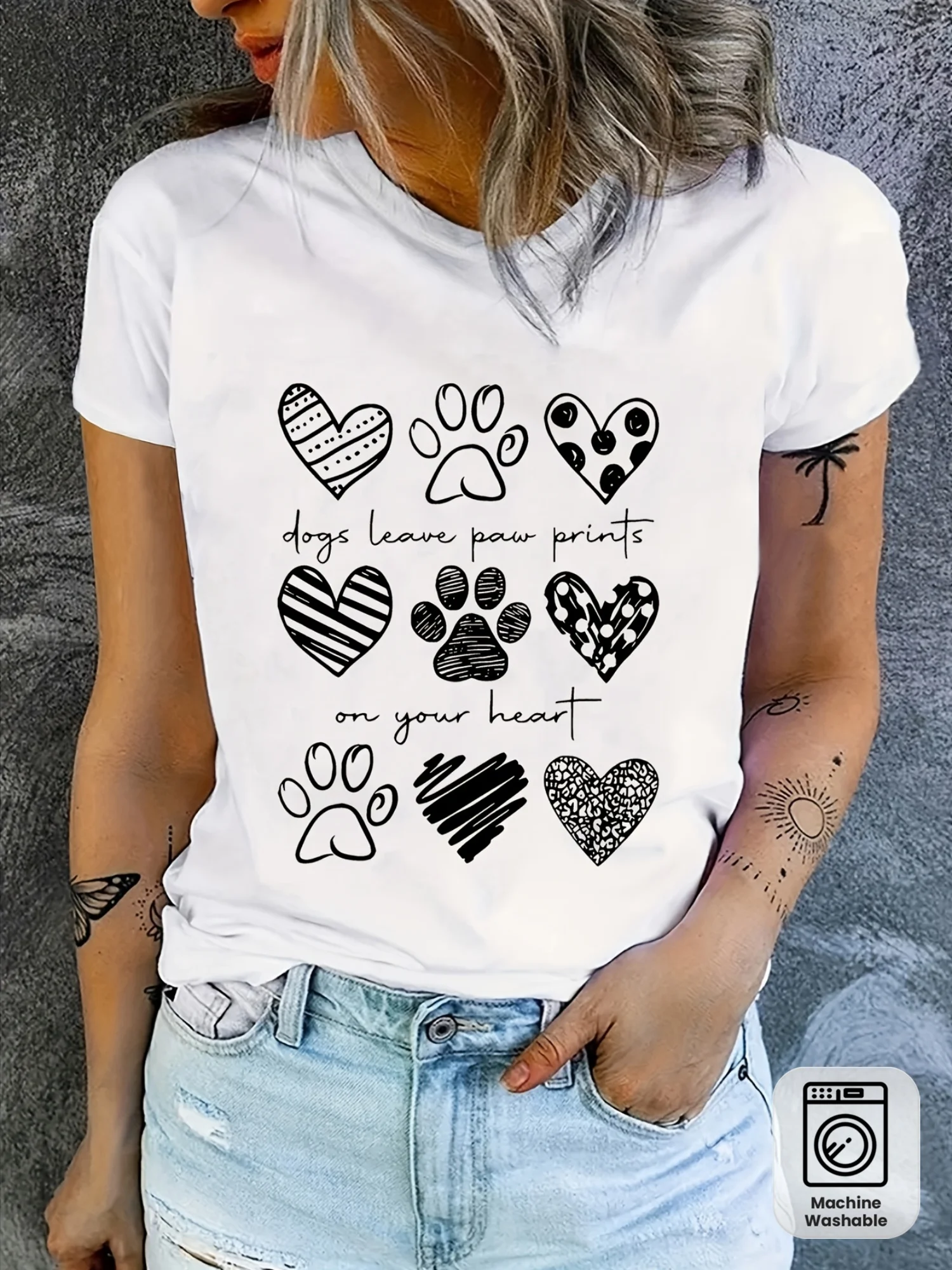 AliExpress – Women’s Unisex White Dog Paw Print T-Shirt, Cute Short-Sleeved Round-Neck Top with “Leave Your Prints on My Heart” Slogan and Paw Heart Design, Soft and Breathable – Similar to Pet Lover Shirts, Machine Washable Casual Summer Clothing for Dog Owners