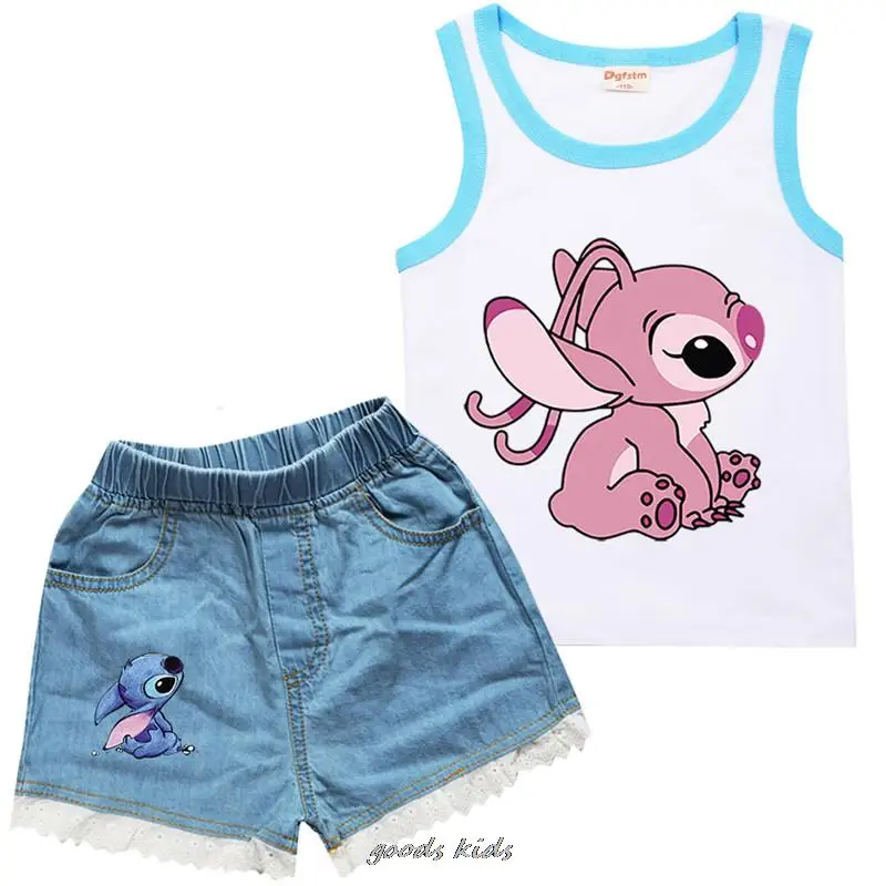 Hot Cotton Toddler Girls Clothes Lilo And Stitch Top abbigliamento estivo per bambini maglietta senza maniche + pantaloncini di Jeans 2 pezzi tuta