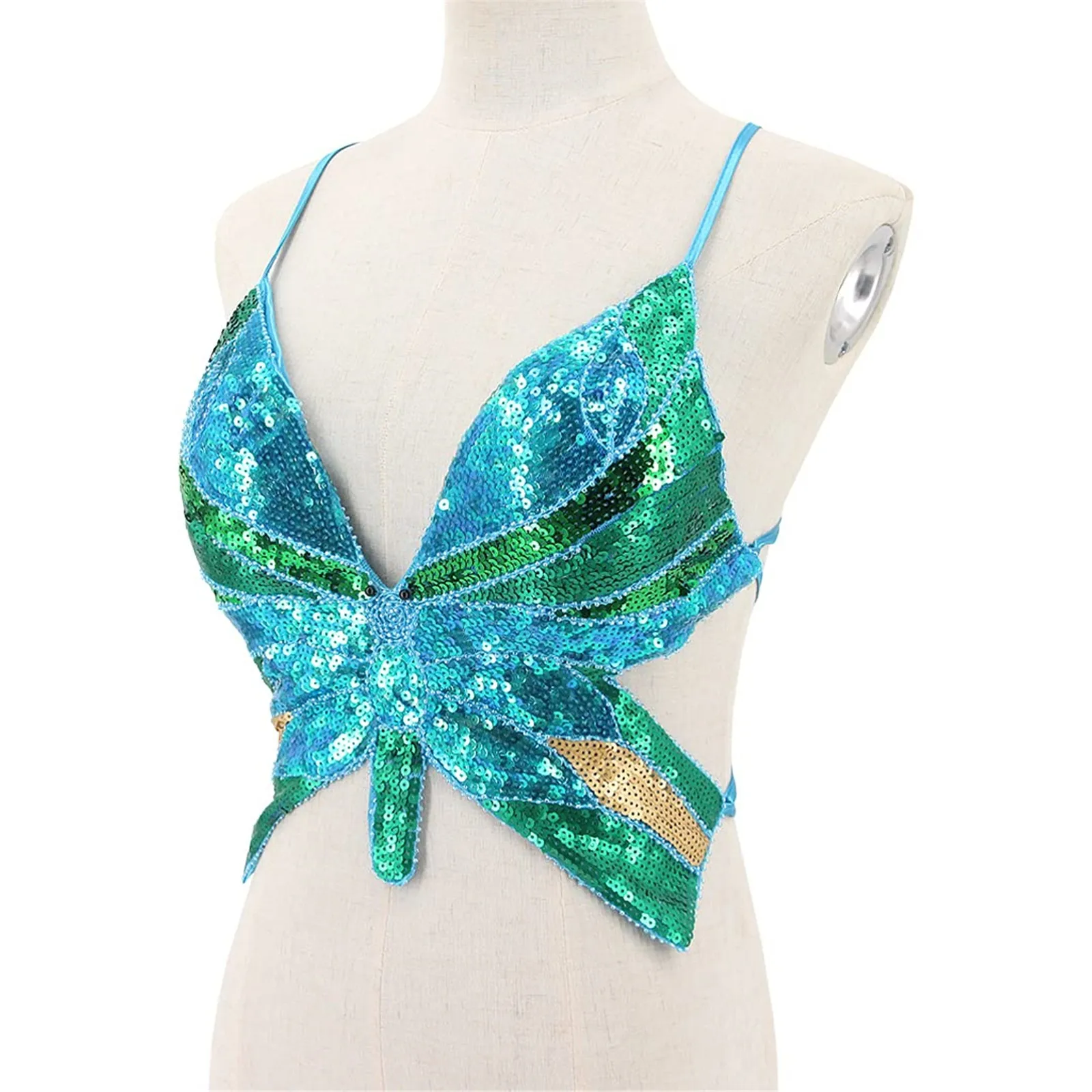 Y2k Butterfly Sequin Crop Top Women Summer Backless V Neck Sexy Club Costume Carnival Festival Clothes New Bandage Bra Tops