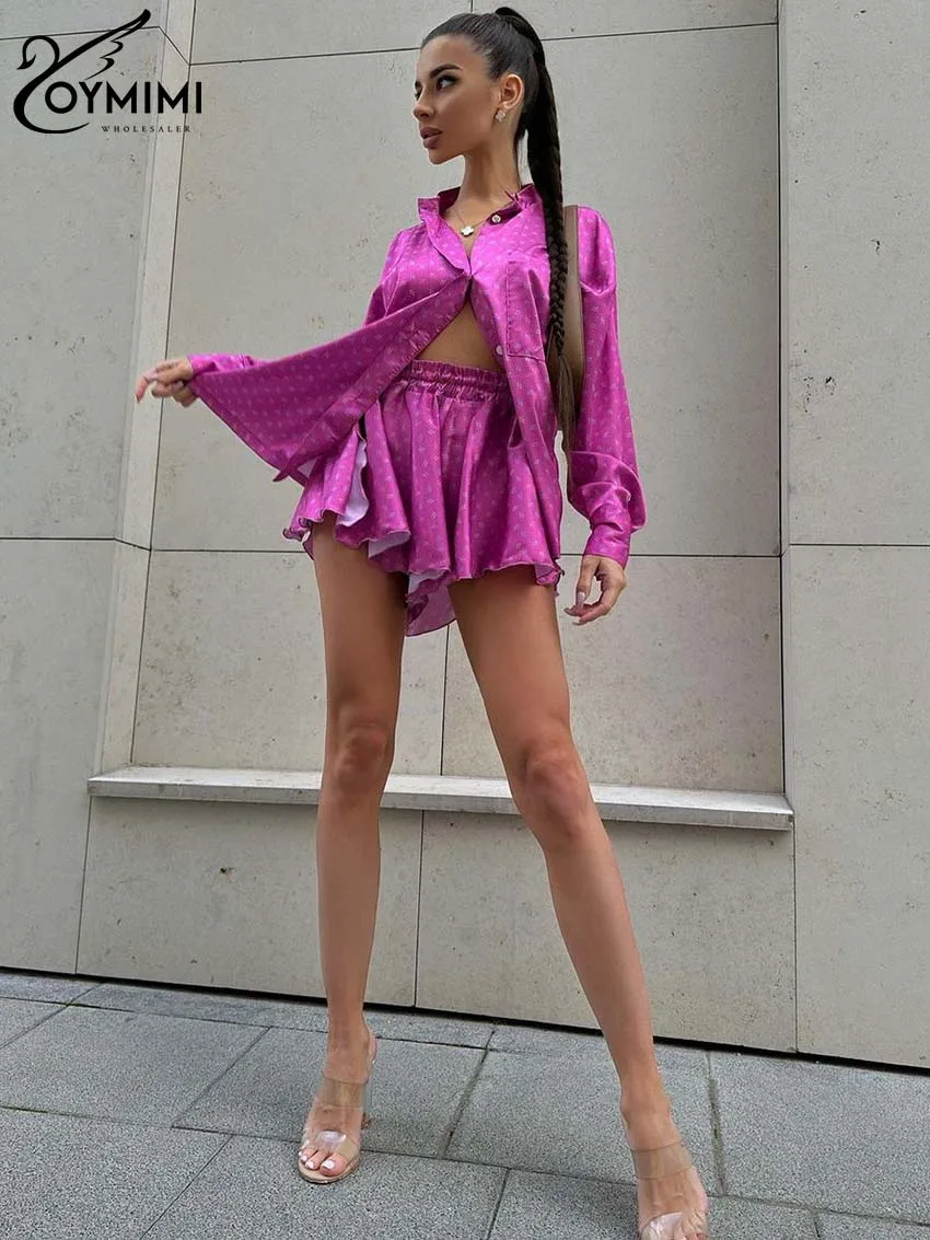 Oymimi Elegant White Print Sets For Women 2 Pieces Fashion Lapel Long Sleeve Button Shirts And High Waisted Side Slit Shorts Set