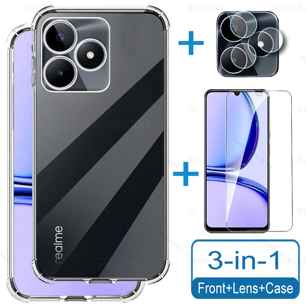 Закаленное стекло 3To1 для Realme C53, 4G, диагональ 6,74 дюйма, силиконовый прозрачный чехол, Relme Realmy C 53 53C, RealmeC53