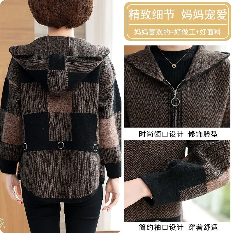 2023 Autumn Winter New Style on Clothes Middle-aged Women\'s Cardigan Middle-aged Elderly Hooded Coat 40 Years old 50 Solid Color