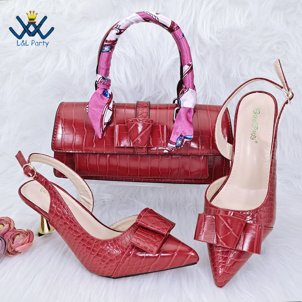 

Fashion Design Italian Shoes and Bag Set Comfortable Heels with Pu Leather Mature Ladies Slipper in Red Color