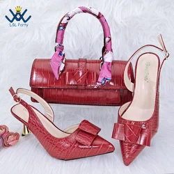 Fashion Design Italian Shoes and Bag Set Comfortable Heels with Pu Leather Mature Ladies Slipper in Red Color