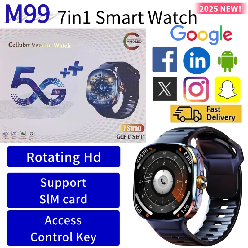 

2025 M99 5G Smartwatch 2.4 Inch AMOLED Android OS Rotating Camera SIM WiFi 24 7 Health Monitoring Waterproof Fitness Tracker