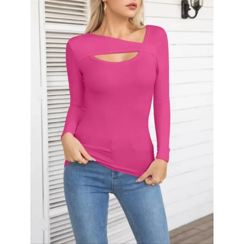 เสื้อยืดแฟชั่นลำลองสำหรับผู้หญิงไซส์ใหญ่ 1XL-5XL ดีไซน์คอเสื้อไม่สมมาตรแบบโปร่ง เสื้อยืดแขนยาวลำลอง