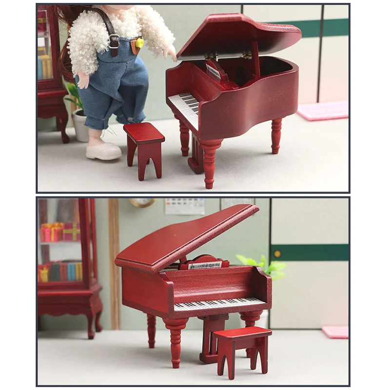 1Set 1:12 Dollhouse Miniature Piano with Chair Simulation Grand Piano Model Living Room Ornament Decor Toy Accessor