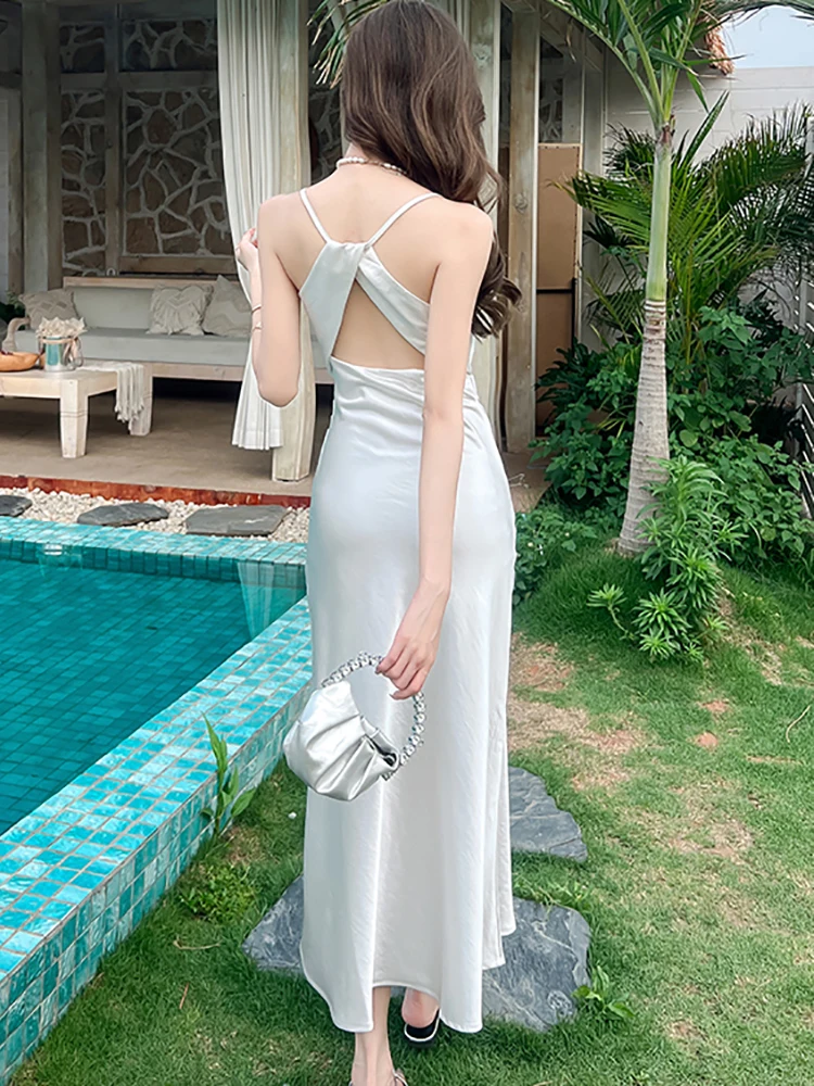 2025 グリーンサテン プリーツ ボディコン スリング ロングドレス レディース シック バックレス セクシー クラブドレス サマー 韓国 エレガント ラグジュアリー イブニングドレス