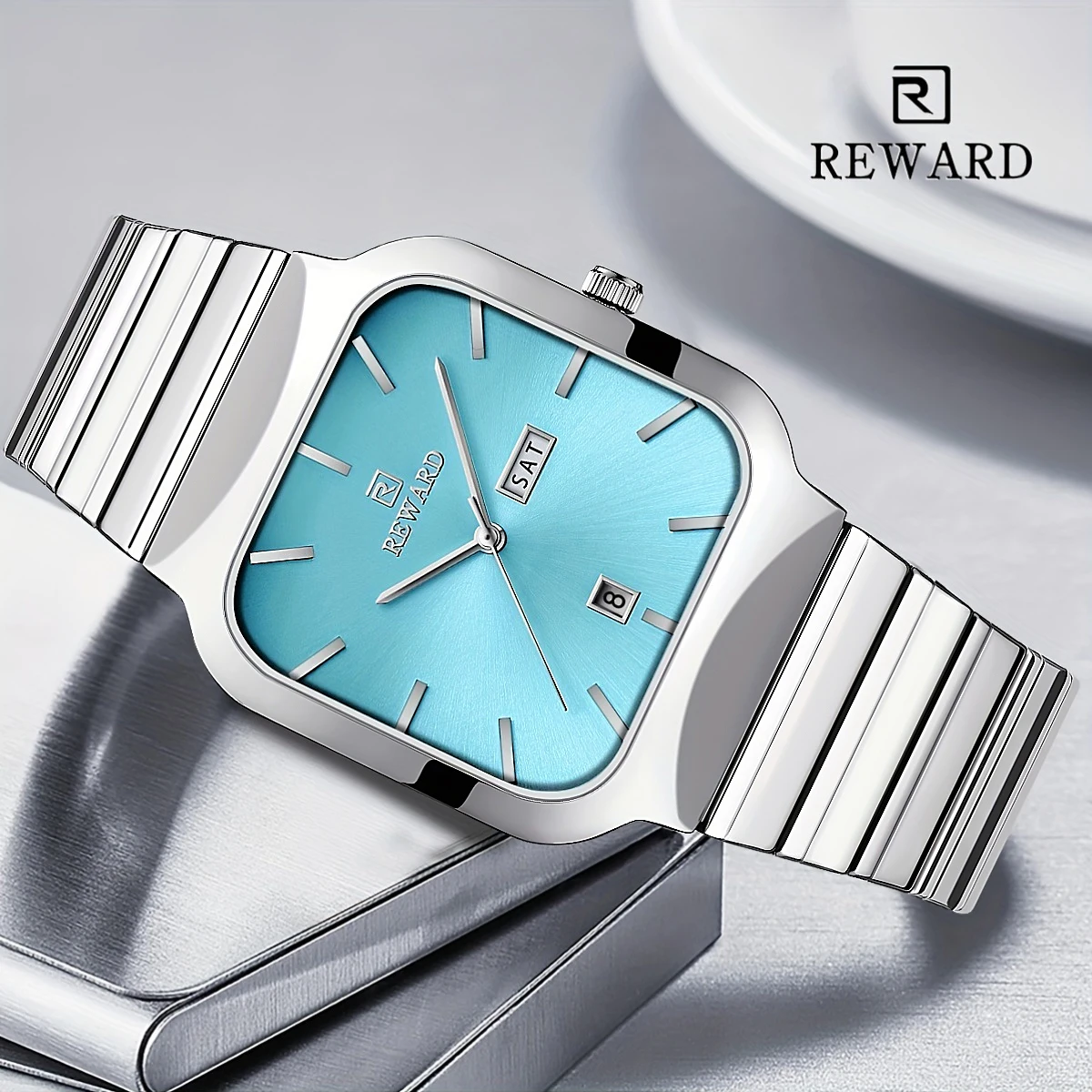 REWARD Square Ice Blue Men's Quartz Watch Waterproof Fashion Sport Watches for Men Clock reloj hombre