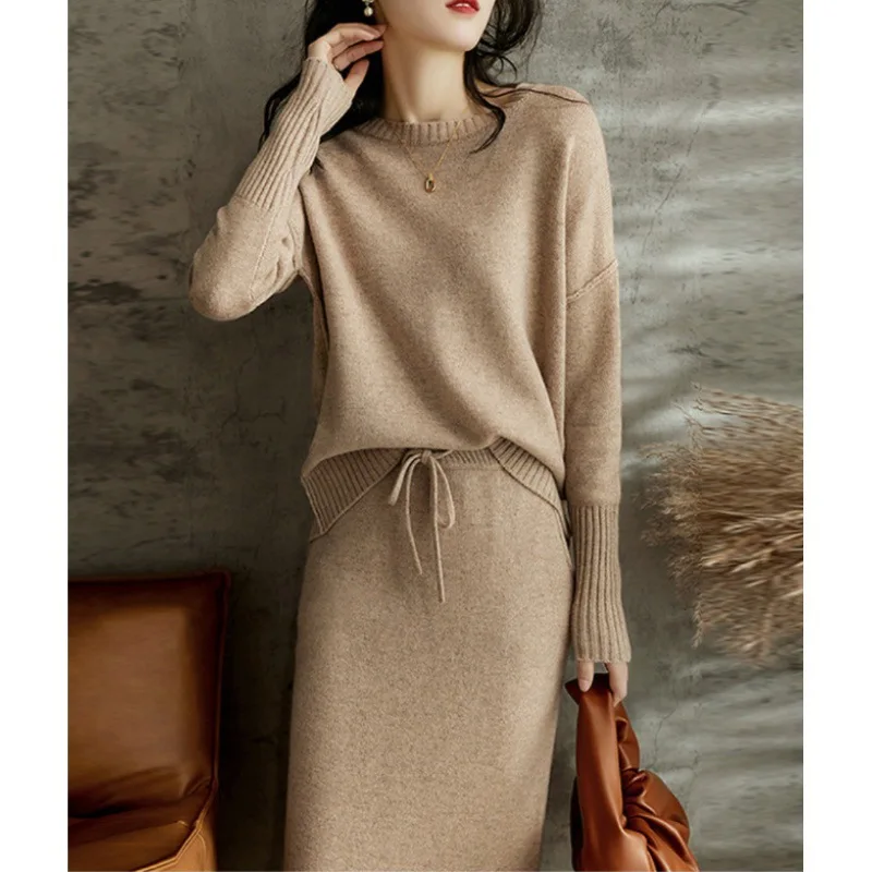 Korean Fashion Two Piece Sets Womens Outifits Solid Knitted Sweater Dress Sets Loose Pullover Sweater Skirt Sets Womens Clothing