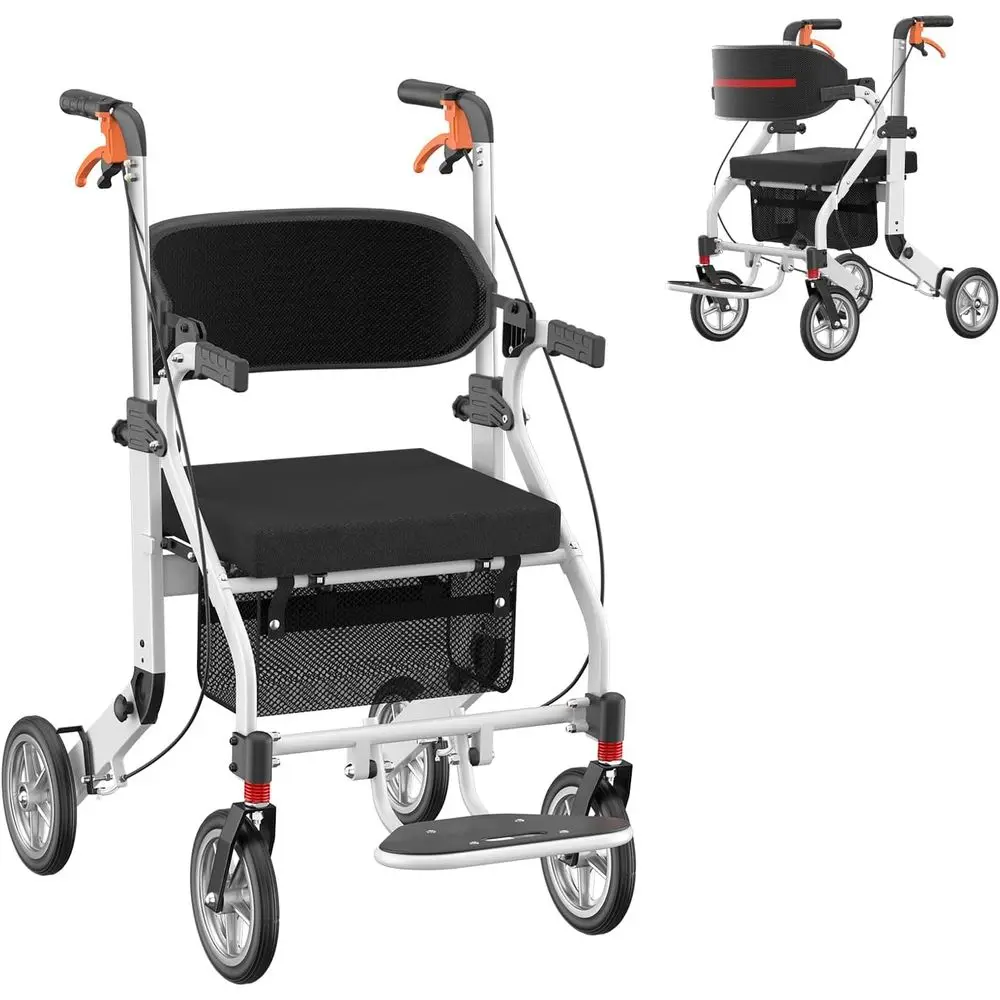 رولیتر قابل للطي 2 في 1 مع مقعد لكبار السن، كرسي نقل خفيف الوزن لجميع التضاريس، ارتفاع قابل للتعديل، أبيض