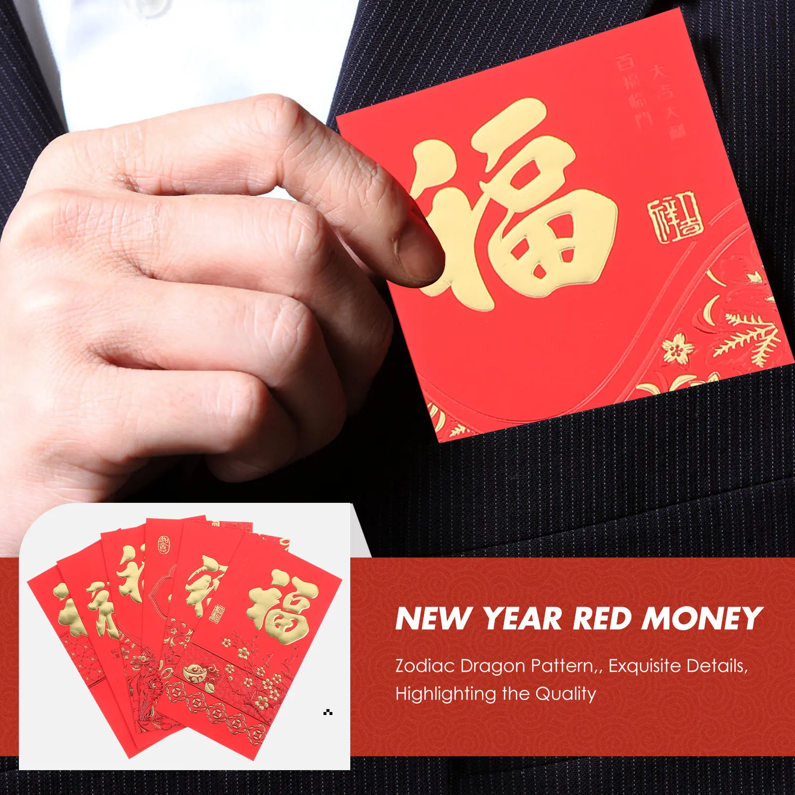 

6Pcs 2024 Red Envelopes Fu Character Chinese New Year Paper Money Pockets Lunar New Year Festival Red Packets Money Pocket