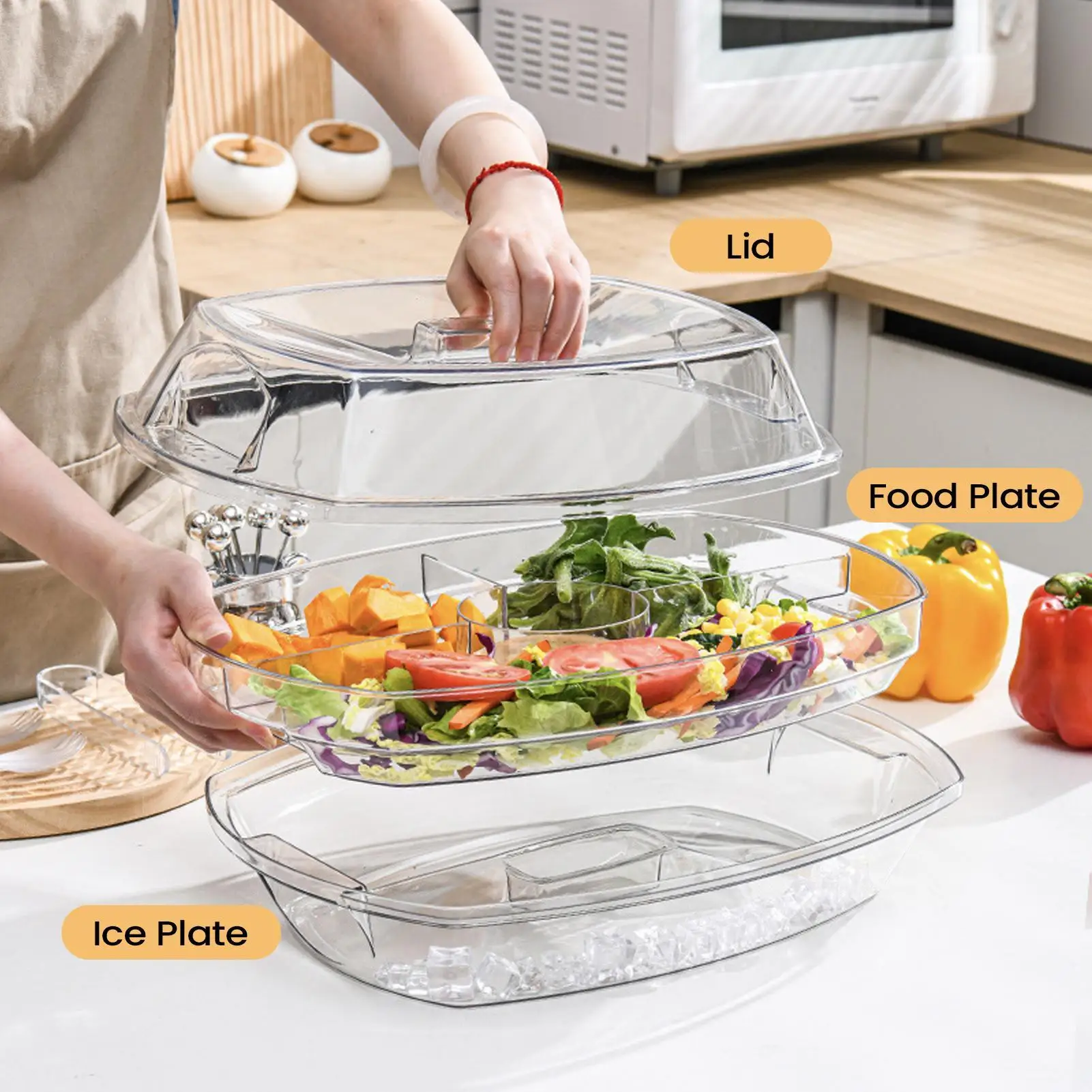 

Охлажденный сервировочный поднос с крышкой, 4 отделения, блюдо для охлаждения льда, разделенный поднос для фруктов для вечеринок, закусок, морепродуктов, салата, десертов
