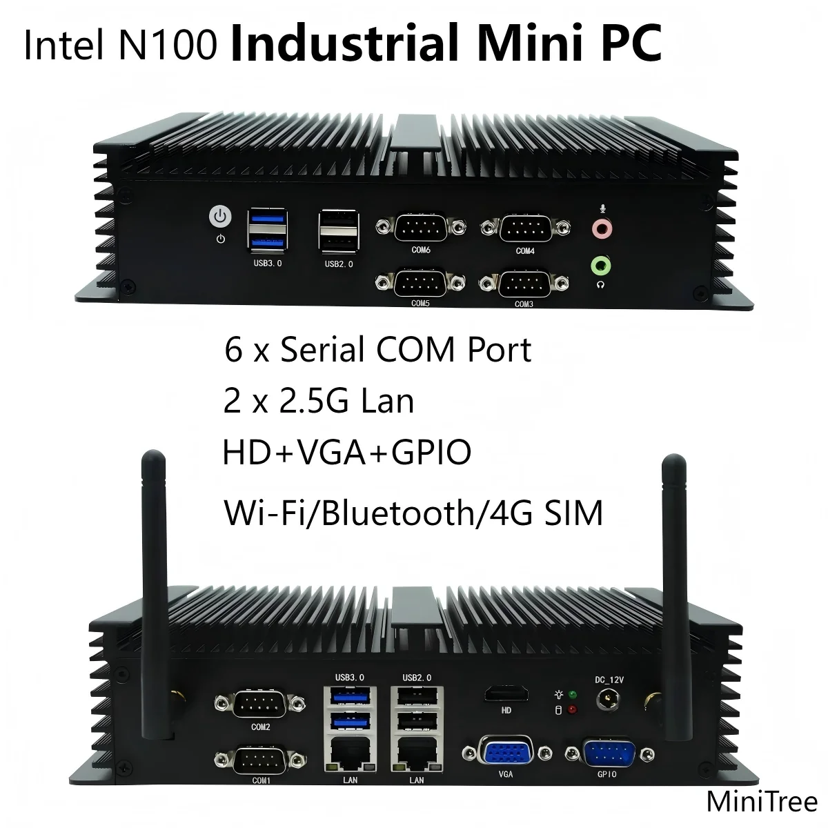 كمبيوتر صغير بدون مروحة Intel N100 Dual Lan HD VGA 6x منافذ COM التسلسلية كمبيوتر صناعي للأعمال للتحكم في الوصول إلى بوابة إنترنت الأشياء POS