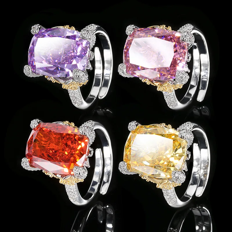 Orange Red Cushion Cut CZ Statement Ring Adjustable Two Tone Silver Gold Plated Gemstone Cocktail Women Elegant Party Jewelry
