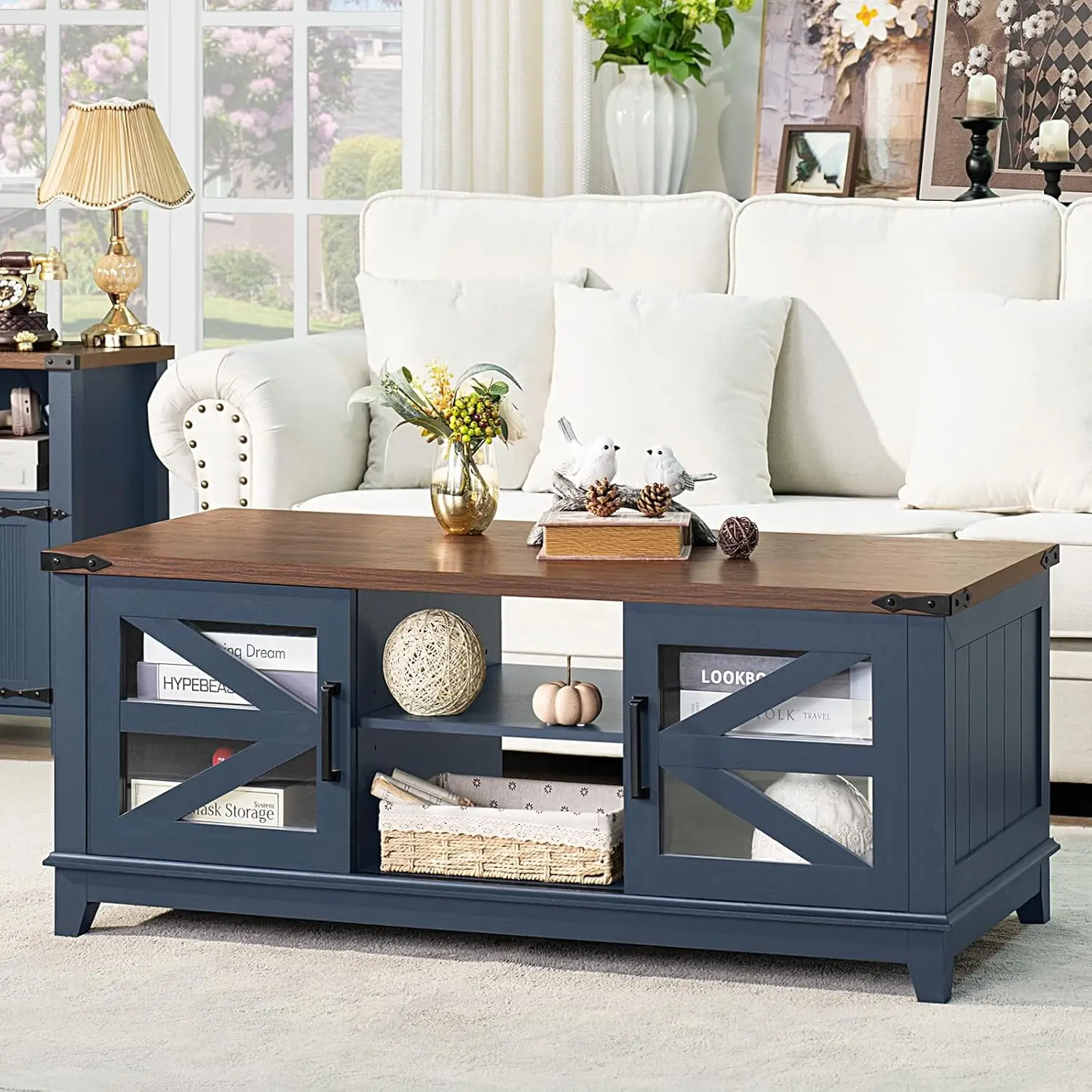 Coffee Table with Storage and Glass Sliding Barn Doors Modern Industrial Center Table with Adjustable Shelves Rust