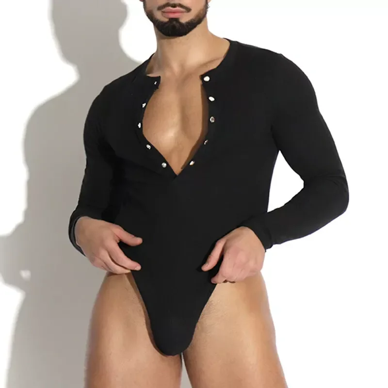 Bodysuits T Shirts Mens Sexy Pajamas Sleepwear 2025 Spring Long Sleeve Button Deep V Neck Tops Men Clothes Casual Jumpsuits Tee