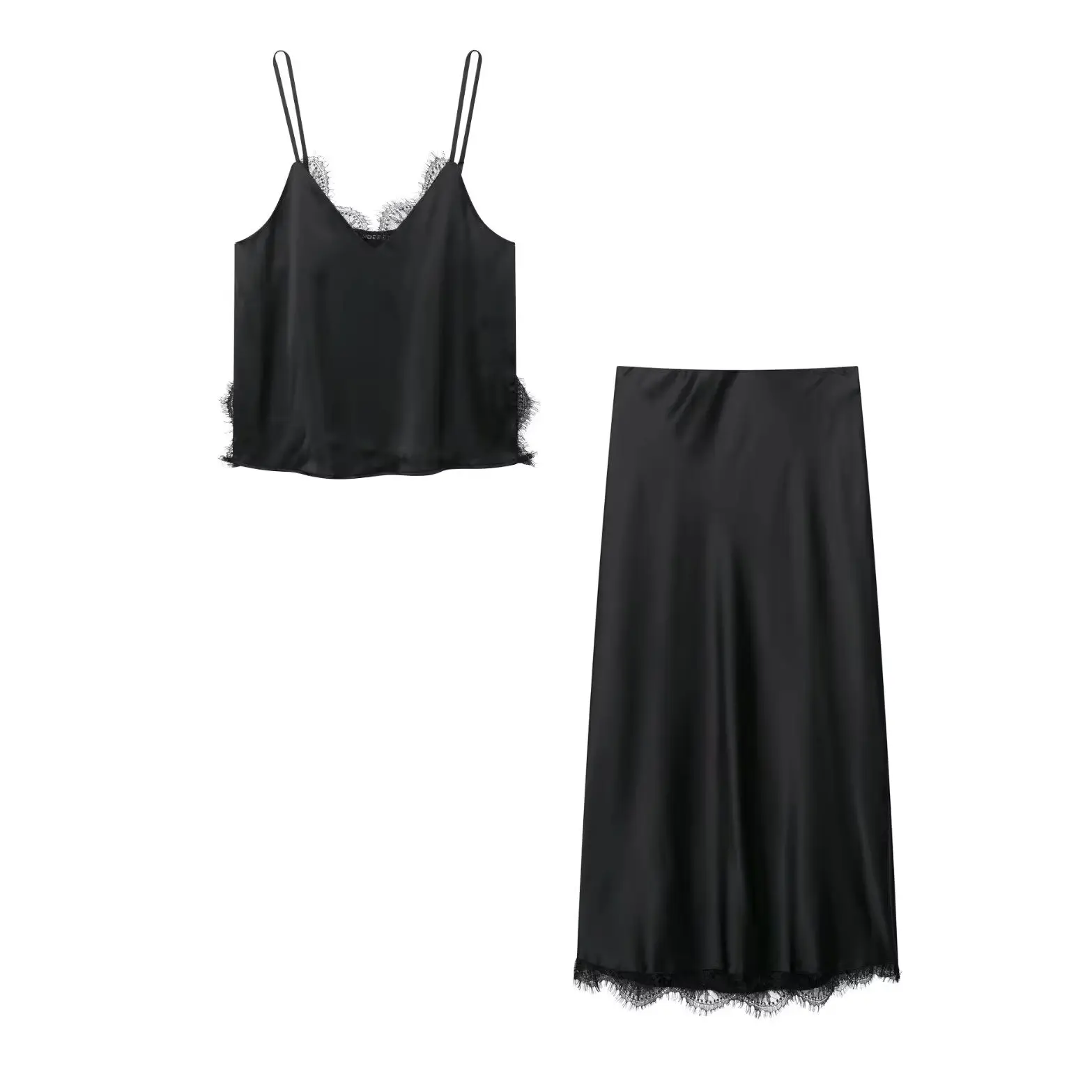 

KONDALA Chic 2025 черный женский кружевной костюм, тонкий жилет Camisloe + драпированная длинная юбка на молнии, модные сексуальные женские комплекты для вечеринок и клубов