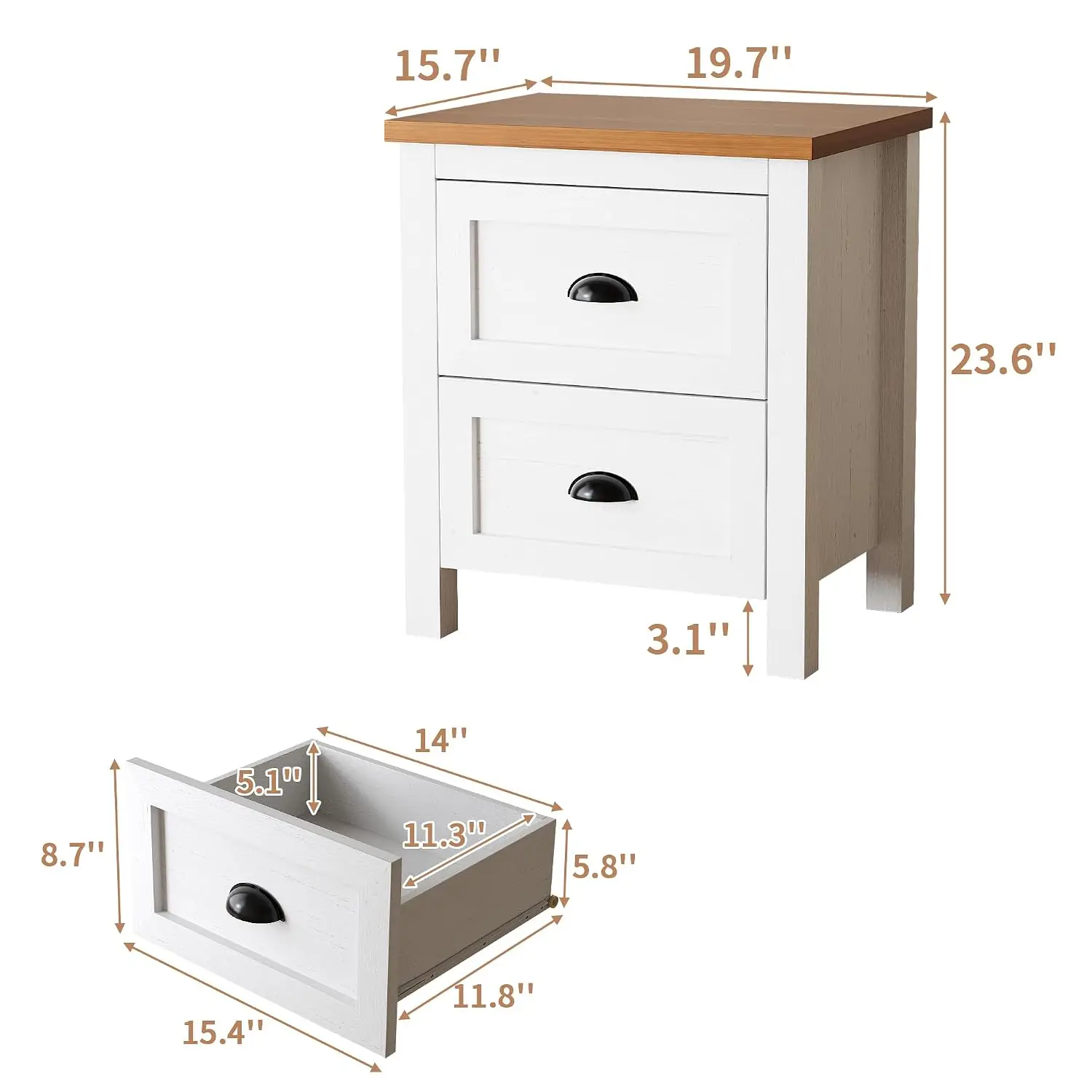 White Nightstand Set of 2 with 2 Drawers & Shell Handles, Farmhouse Bedside Table, Side Table for Bedroom, Customized