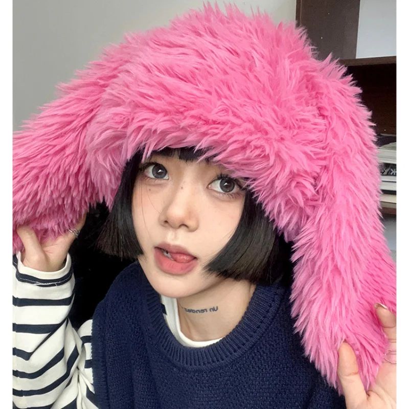 2023 New Rabbit Ears Beanies Korea Ins Niche Cute Rose Red Plush Pullover Cap Winter Warm Keeping Funny Photography Women\'s Hats