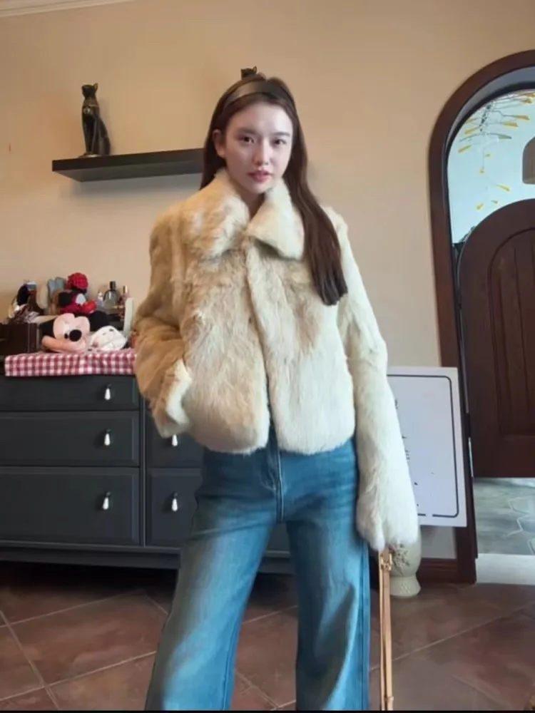 Cappotti da ragazza in pelliccia sintetica da donna con risvolto pieghevole invernale personalità giovane stand up tasche girocollo o avvolgenti toppa imbottita con barra OL