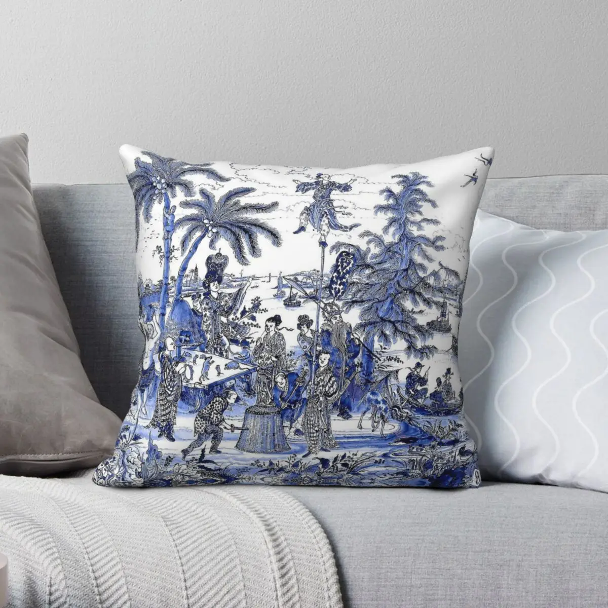 Chinoiserie Blue Landscape Scene Pillowcase Polyester Linen Velvet Creative Zip Decor Throw Pillow Case Sofa Cushion Cover 45x45