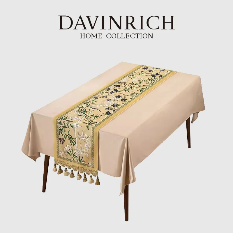 DAVINRICH Autum Orchid Flowers Bamboo Decorative Table Runner With Tassels Luxe Velvet Fall Table Runners Orientalism Home Decor