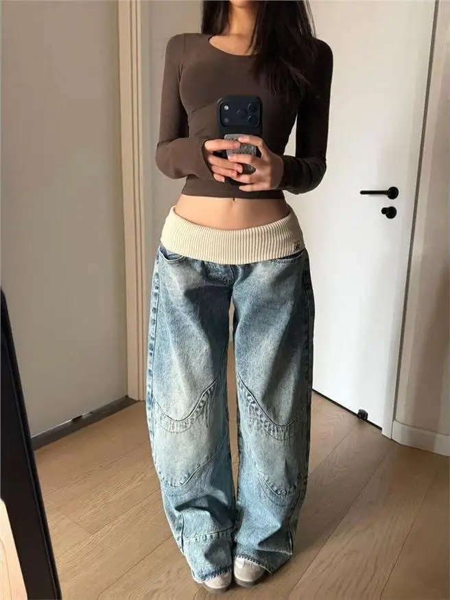 

Retro American Waist Straight Leg Jeans Women's Autumn Winter Loose Wide Leg Pants High Street Design Loose Slimming Effect