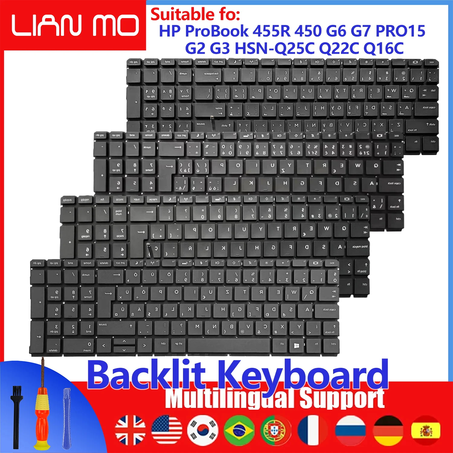 Arabic/Belgian/Canadian French/German/UK layout for HP ProBook 455R 450 G6 G7 PRO15 G2 G3 HSN-Q25C Q16C Q22C backlight keyboard