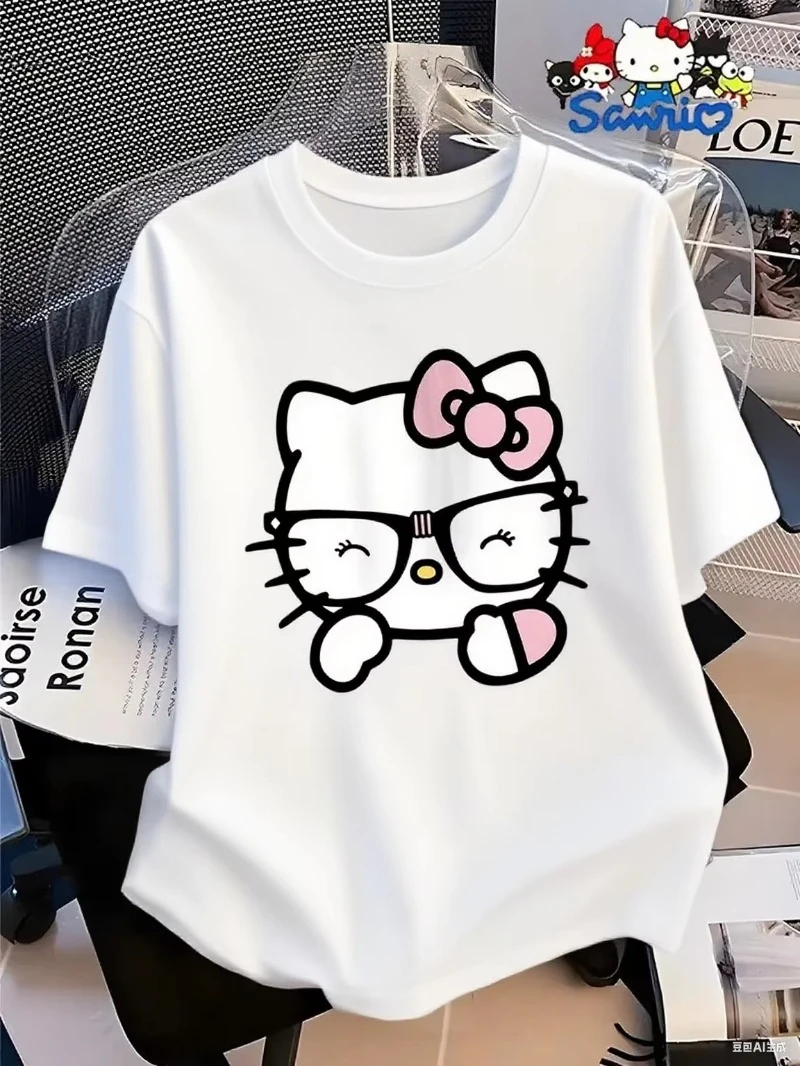 

Хлопковая футболка MINISO с рисунком «Hello Kitty в очках» в стиле Sweet and Nerdy, модная брендовая хлопковая футболка с принтом и коротким рукавом