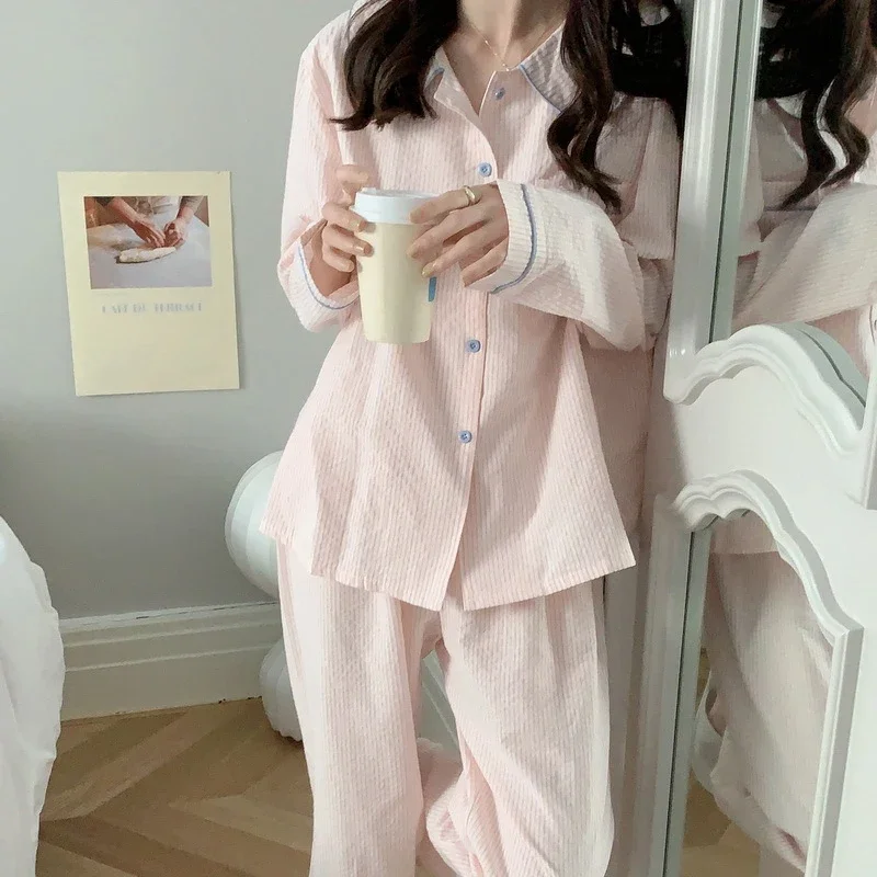 Spring and Autumn Long Sleeve Pajamas Cute Color Blocking Stripes Casual Loose Sleepwear Turn-down Collar Homewear 2 Pieces Set