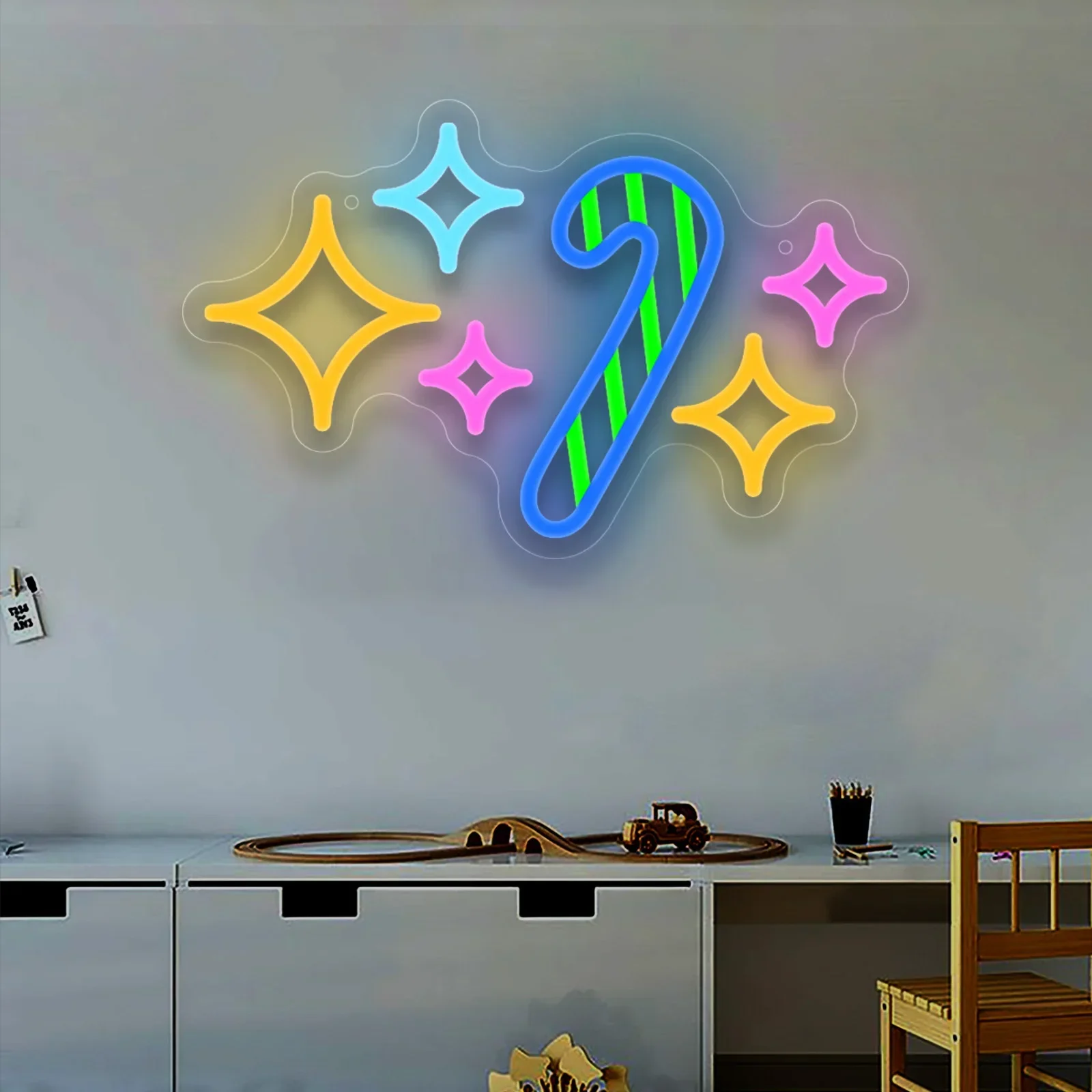 Candy Cane Sparkle Neon Sign Blue Pink Yellow Star LED Wall Art Acrylic USB Powered Dimmable Xmas Decor  Store Business Gift view 4