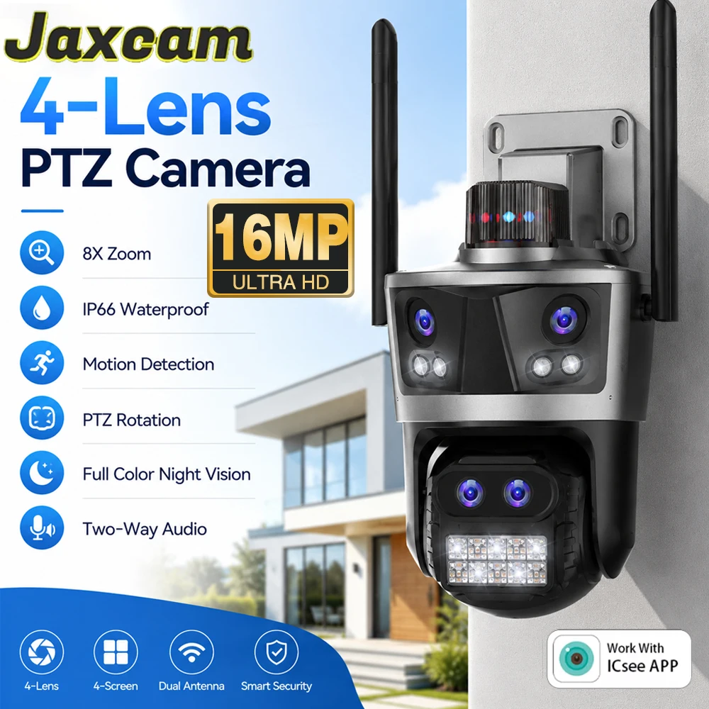16MP HD 4-Lens 4-Screen Outdoor WiFi IP Camera HD 8X Zoom Security 3-Lens PTZ Camera Auto Tracking Security CCTV Camera ICSEE