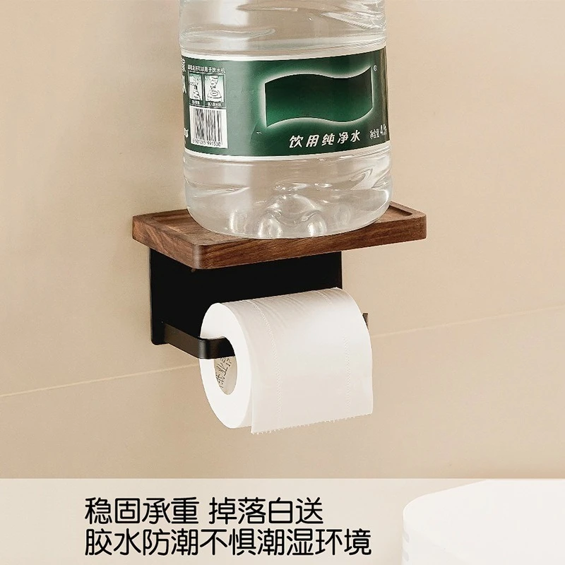 Walnut Wood No Drill Toilet Paper Holder Creative Wall Mount Bathroom Roll Tissue Storage Rack Household Organize view 2