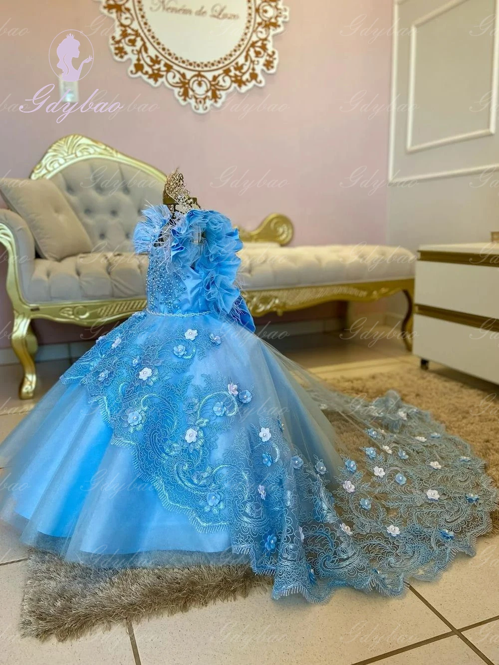 Blaues Tüll blumen mädchen kleid für Hochzeit mit Feder applikation geschwollene Prinzessin Geburtstags feier Erstkommunion Ballkleid