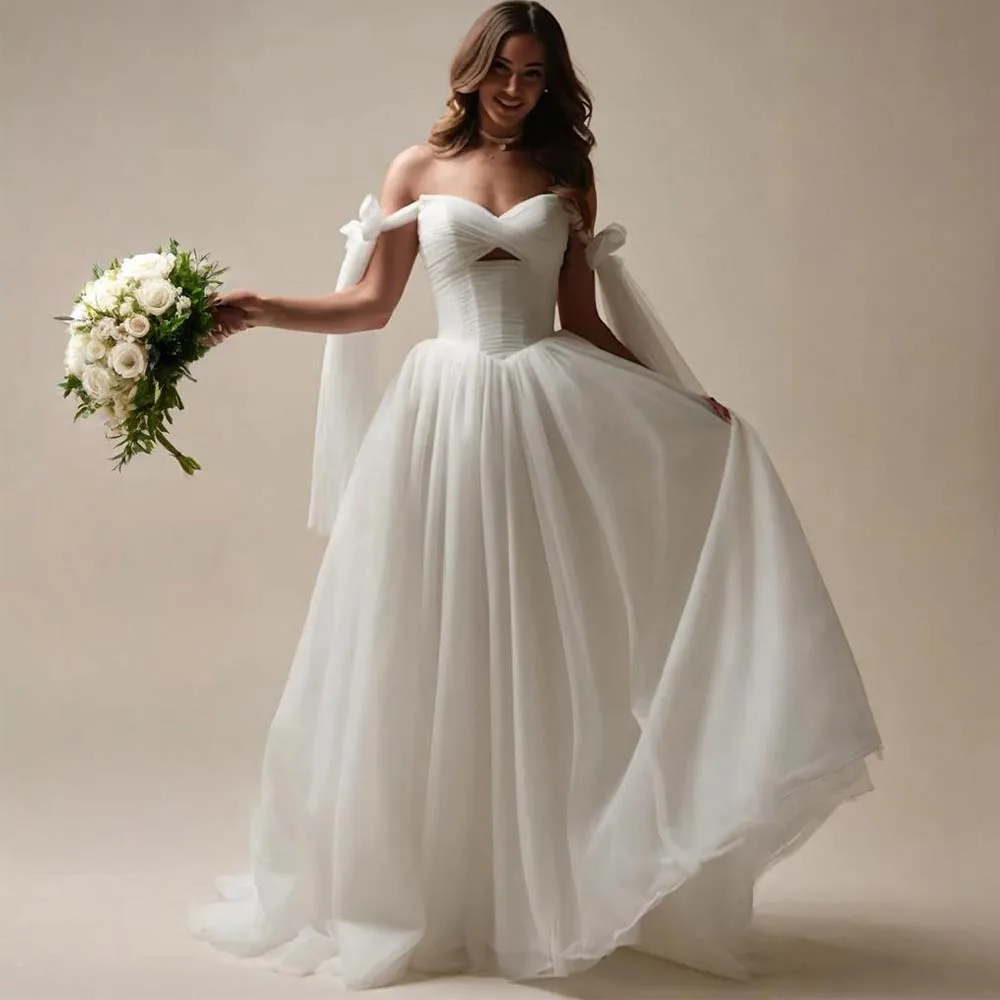 Maßgeschneidertes, attraktives, schulterfreies Brautkleid mit Knopfleiste hinten, A-Linie, Vestidos de Novia, lange Schleppe, Abendkleider 2025