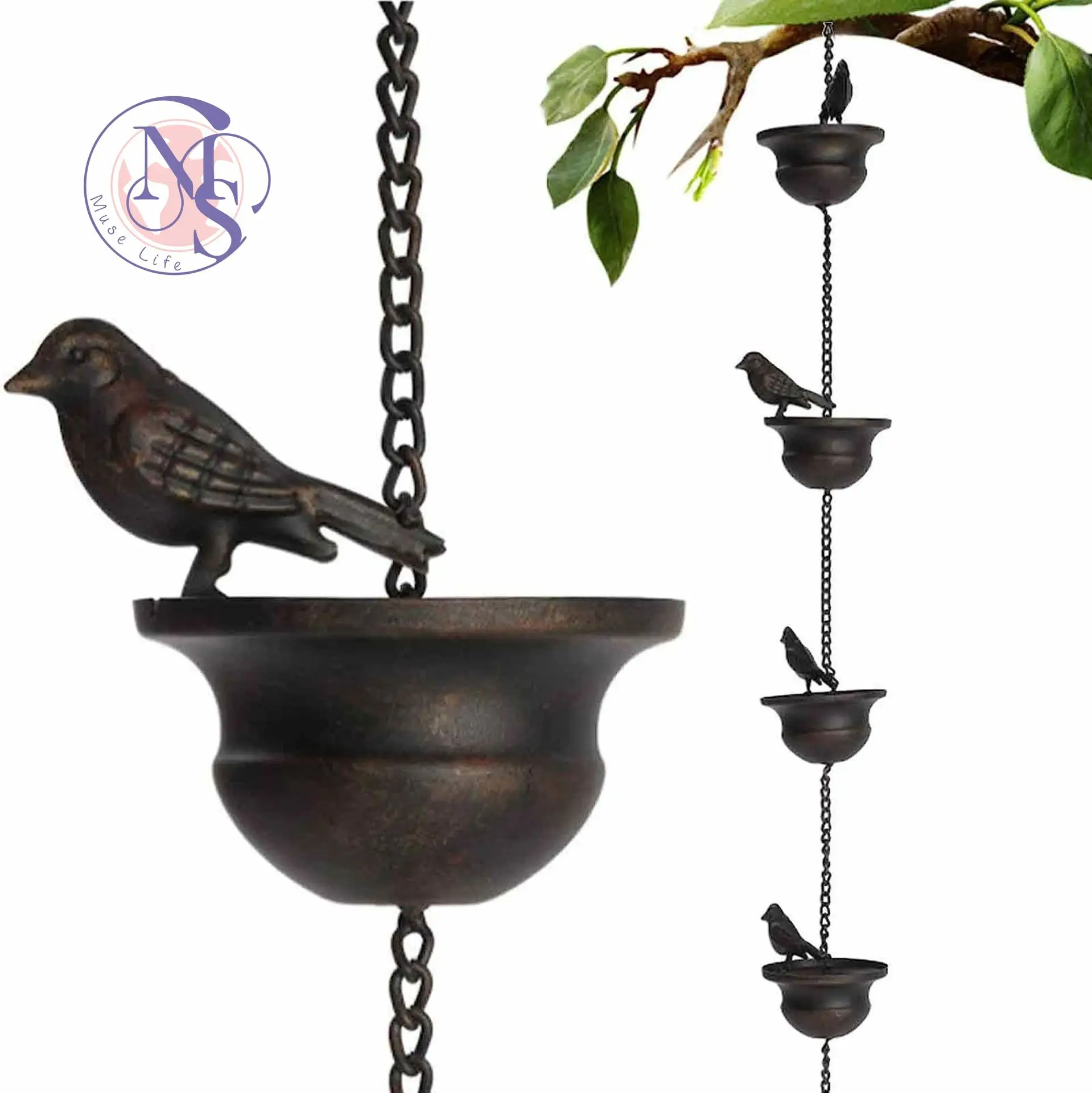 Bird wind chimes wrought iron decorative garden outdoor courtyard retro metal rain chain