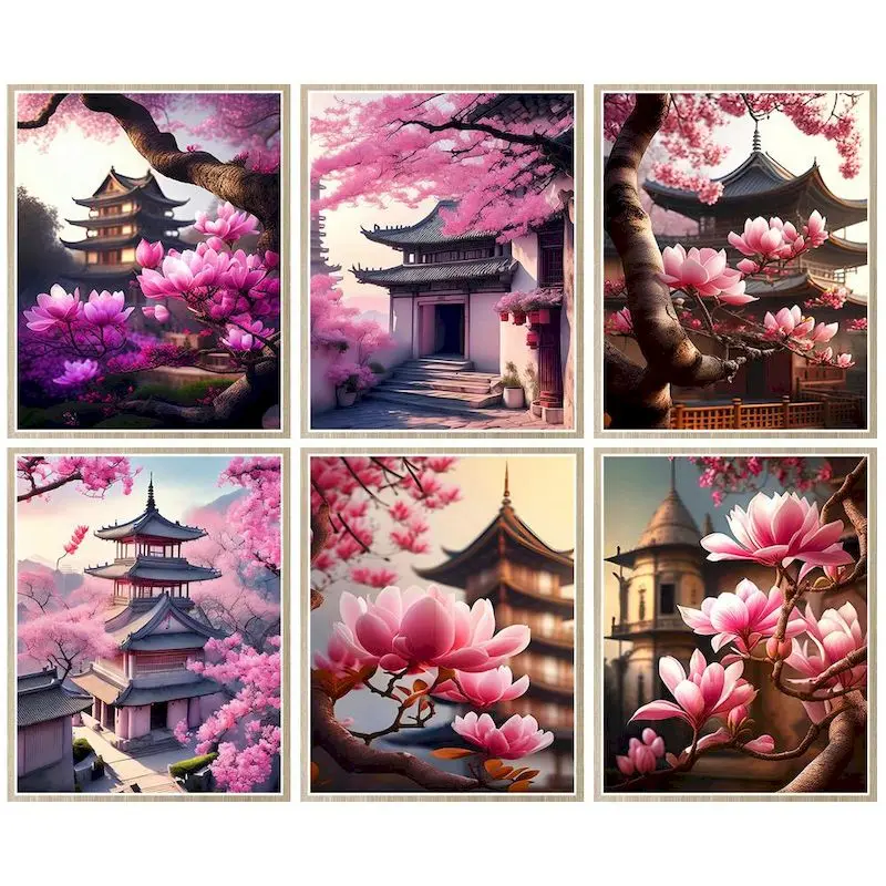 

CHENISTORY Sakura Tree And Ancient Pagoda Pictures By Number Kits Home Decor Painting By Numbers Drawing On Canvas Art Gift