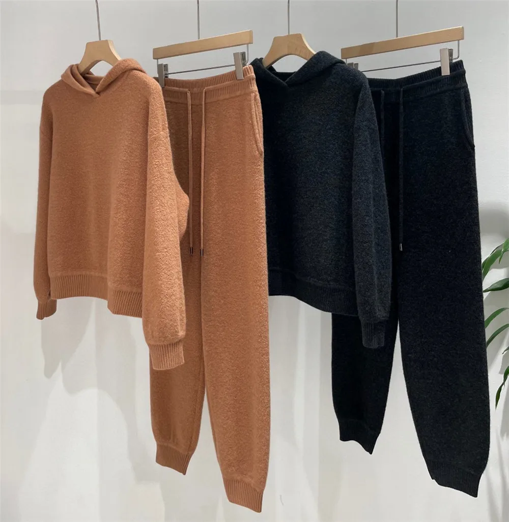 L*P Cashmere Wool Knitted Suit Women\'s Hooded Pullover Sweater+ Elastic Waist Casual Pants Two-piece Set  Autumn and Winter